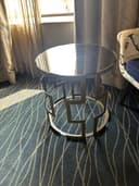 Round Glass Side Table — Geometric Metal Base