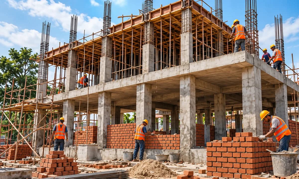 Reinforced-concrete structural frame with brickwork and workers on site