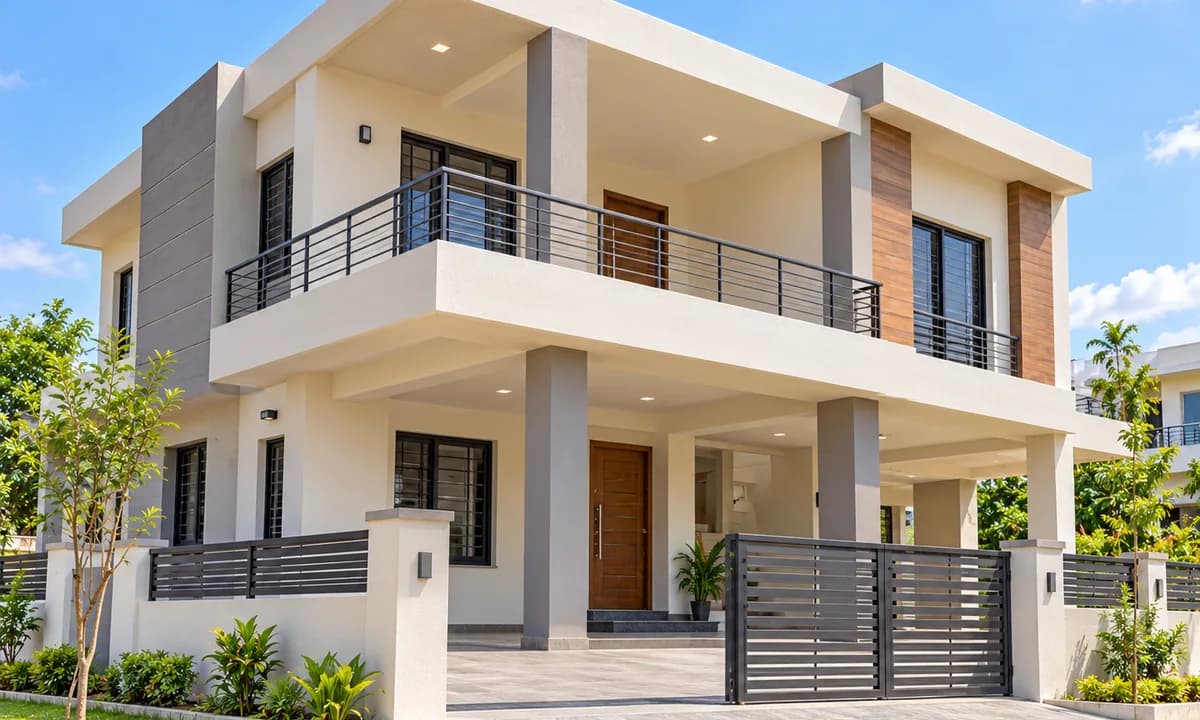 Finished contemporary two-storey house with stone and timber-clad accents, glazed windows, a gated compound and landscaping