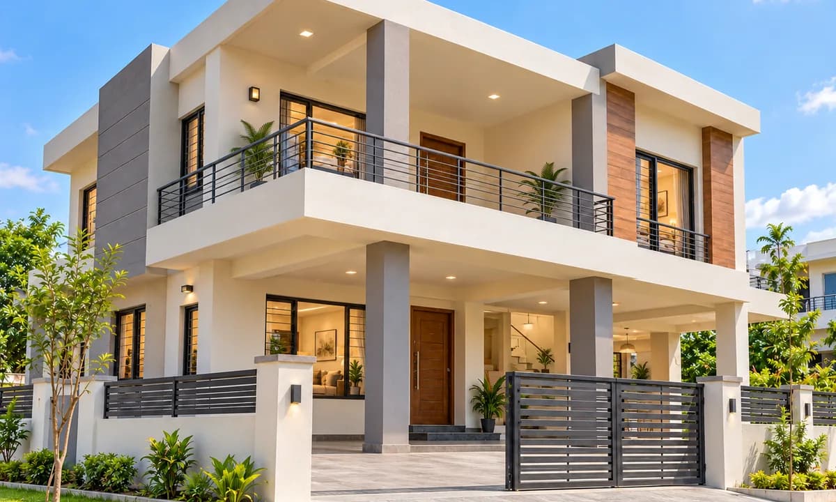 Finished contemporary two-storey home at dusk with warm interior lighting, furnished rooms visible through glazing, balcony planting and a gated, landscaped entrance