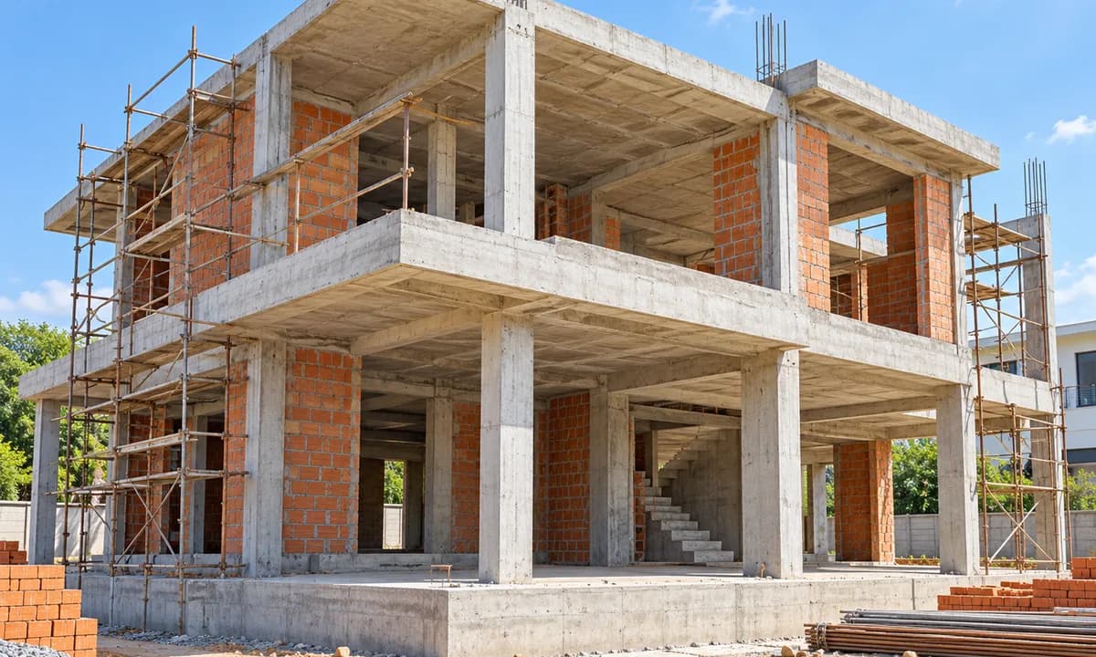 Reinforced-concrete structural frame of a two-storey house with red-brick infill walls, empty unglazed window and door openings and site scaffolding