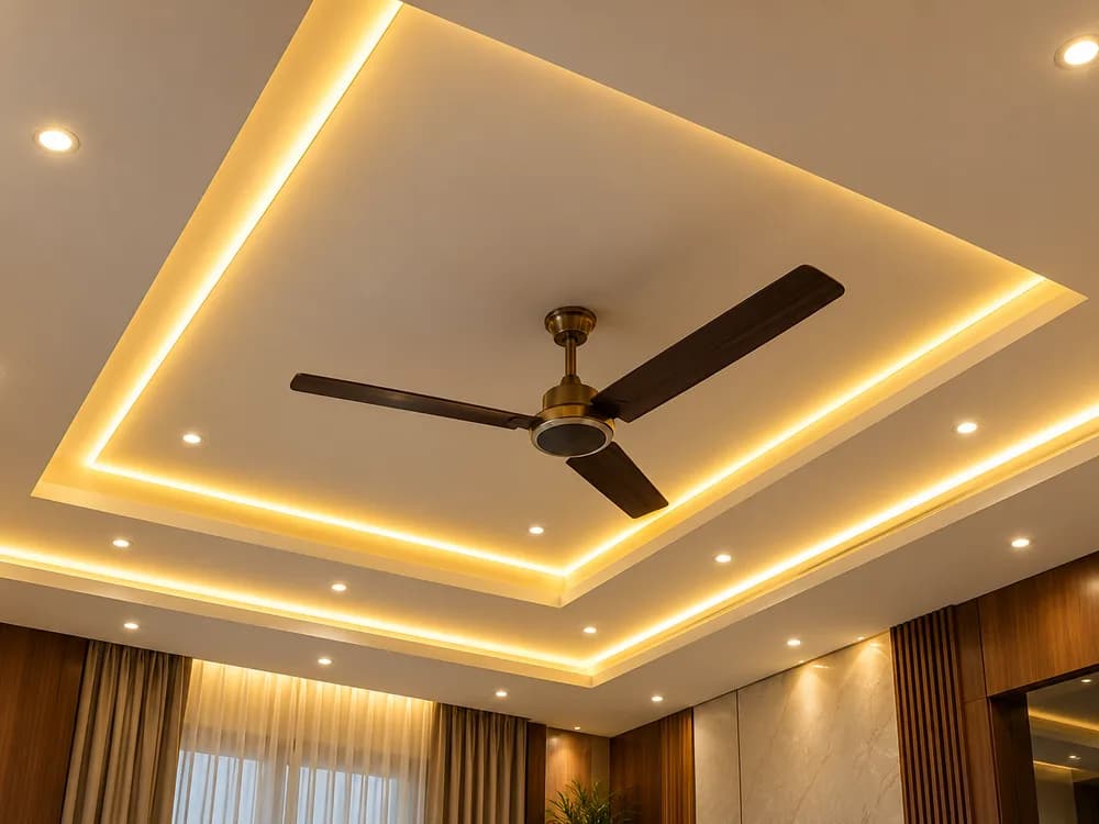 Gypsum false ceiling with cove lighting and a ceiling fan