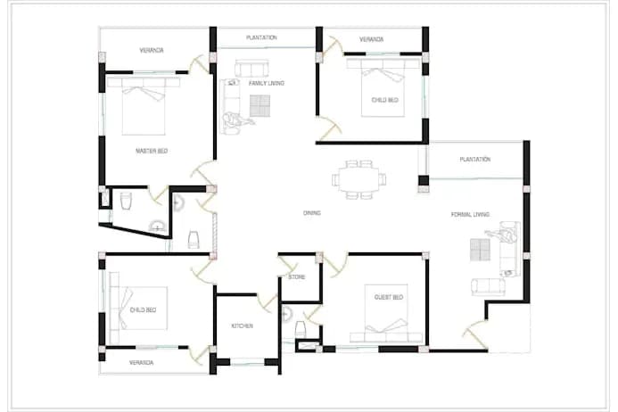 2D architectural floor-plan drawing of a single-storey home: master bed, two child beds and a guest bed, family and formal living, dining, kitchen, store and verandas