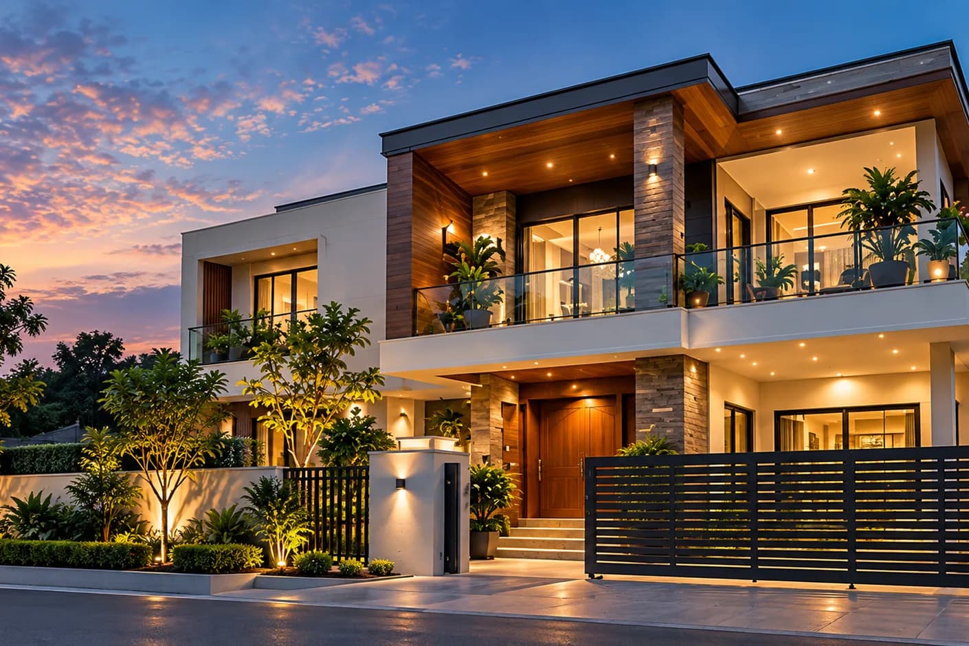 Contemporary Indian duplex home at dusk with balconies, warm interior lighting and a landscaped, gated entrance