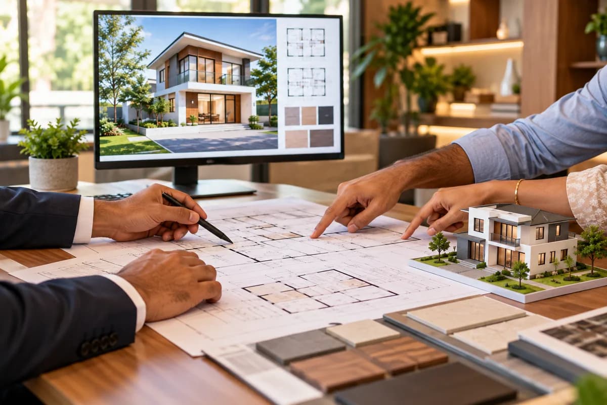 Hands reviewing house plans, a 3D model and material swatches at a desk