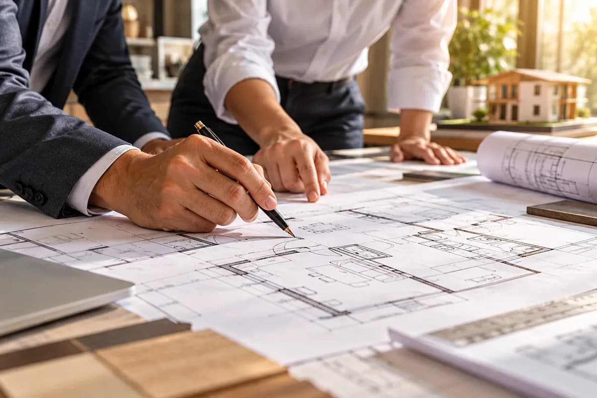 Architectural floor-plan drawings being marked up with a drafting pen