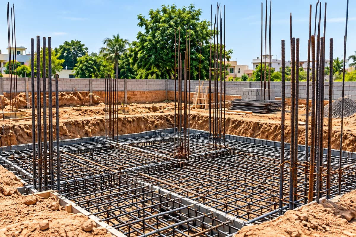 Reinforcement cage and footings at the foundation stage of a residential plot