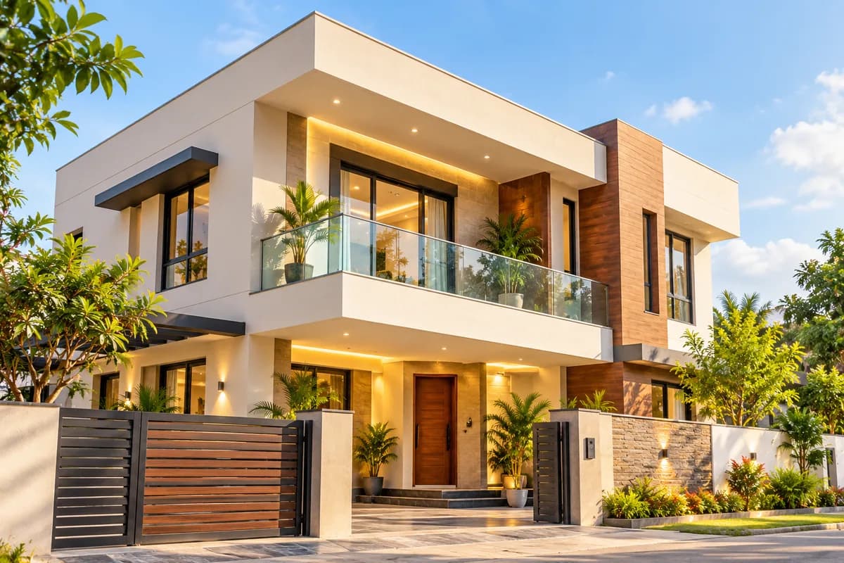 Completed contemporary two-storey house with warm lighting and a landscaped, gated entrance
