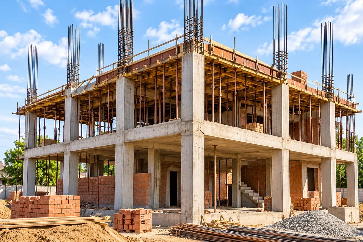 Reinforced-concrete frame of a two-storey house under construction with scaffolding and brickwork