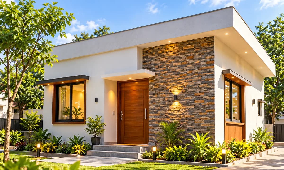 Plastered and painted single-storey modern house with a stone-clad facade and landscaping