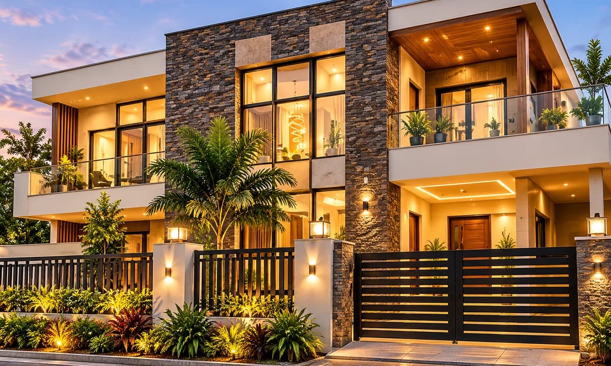 Finished contemporary duplex at dusk with stone cladding, large glazing and a compound gate