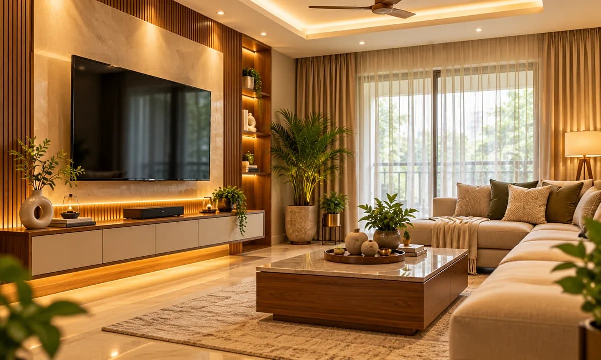 Furnished contemporary living room with a sectional sofa, TV unit and cove lighting