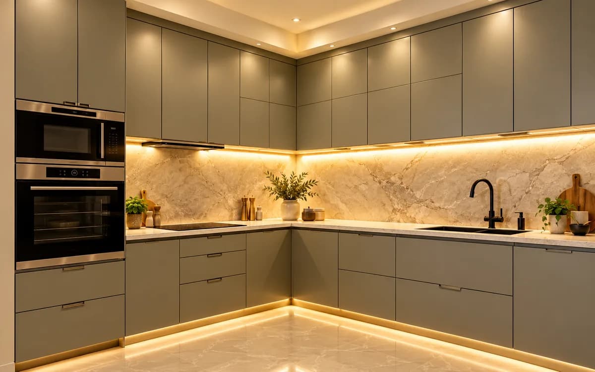 Modern L-shaped modular kitchen with grey cabinetry, marble backsplash and under-cabinet lighting