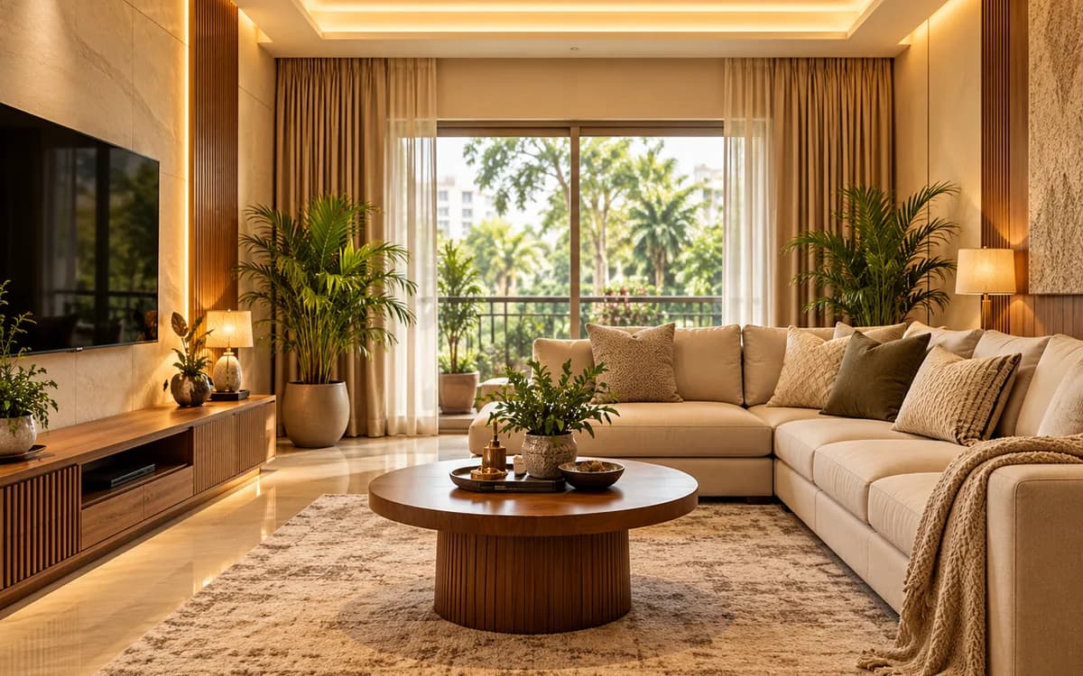 Contemporary Indian living room with a sectional sofa, cove lighting and a garden-view window