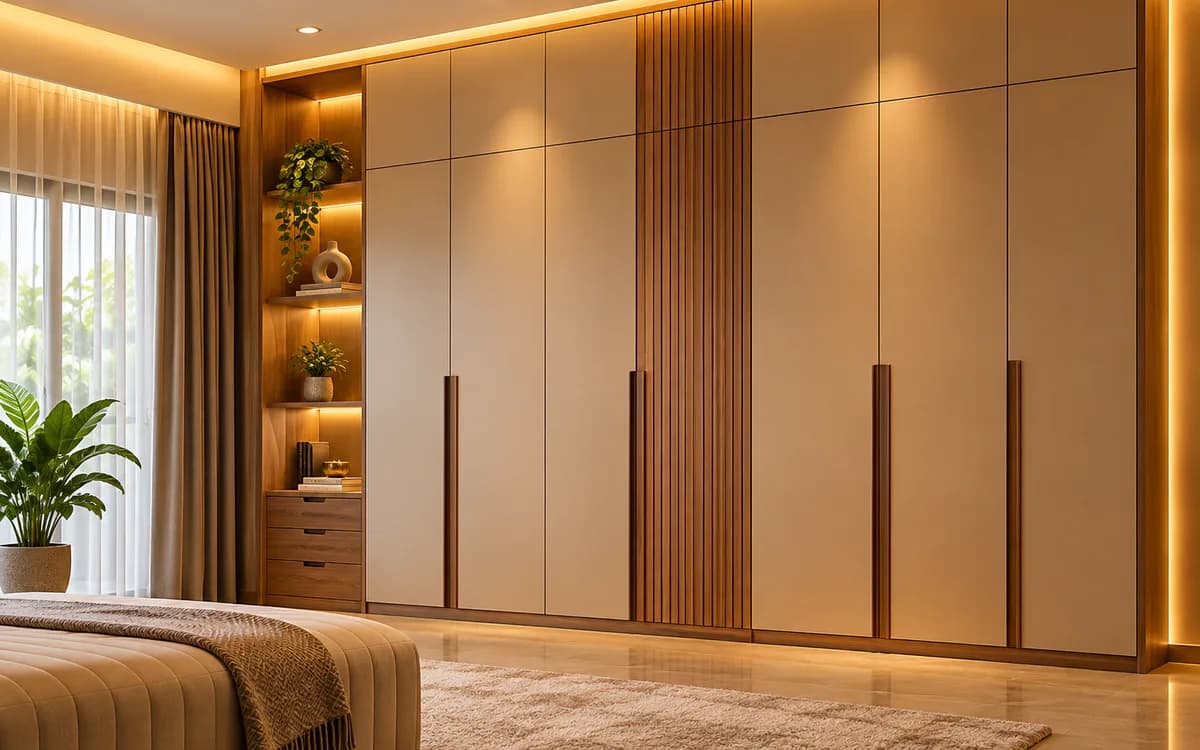 Fitted floor-to-ceiling wardrobe wall in a contemporary bedroom