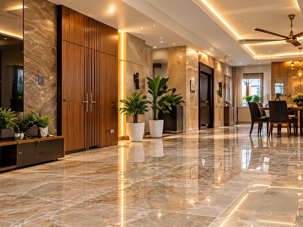 Polished large-format floor tiles in a bright contemporary interior