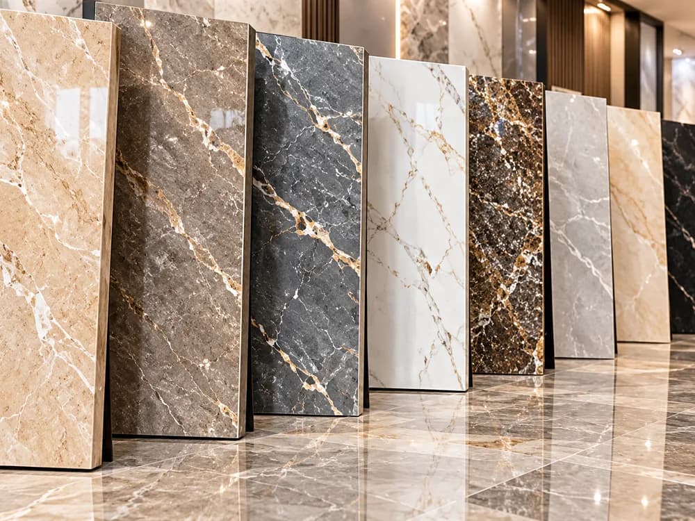 Large-format marble-finish tile slabs in varied patterns