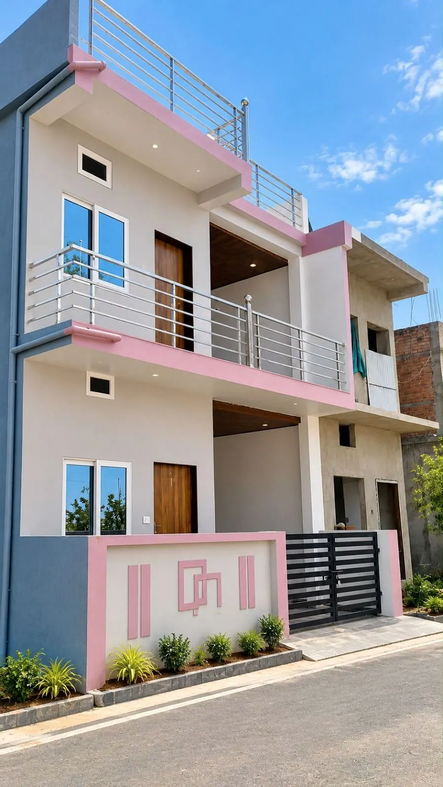 Three-level home with pink accents, glass-and-steel balconies and a logo wall at the gate in Anuppur