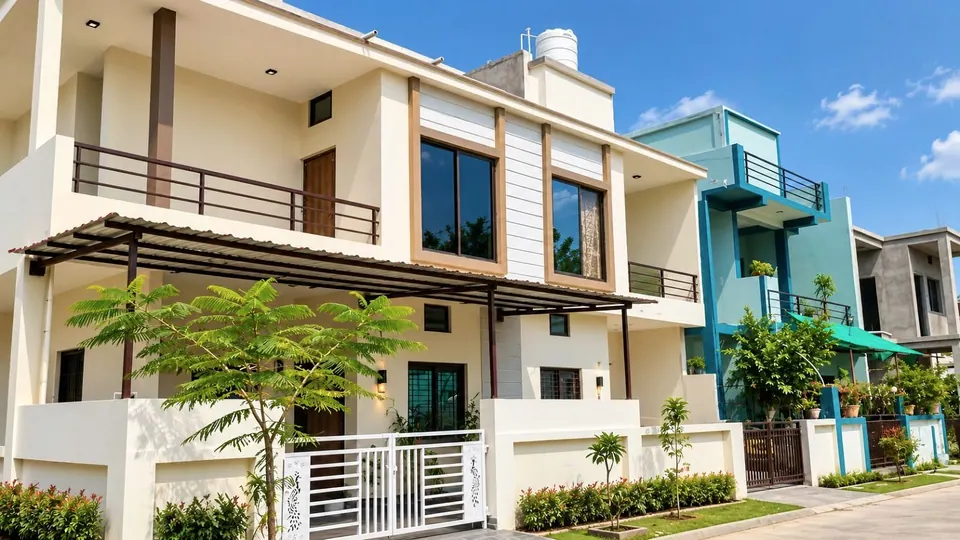 Two-storey cream home with a pergola over the entrance, a planted frontage and a white gate in Anuppur