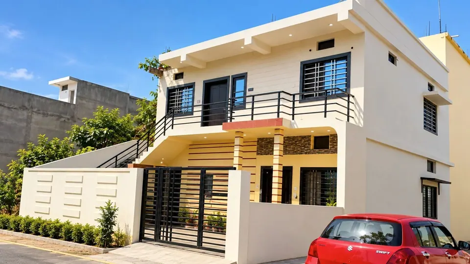 Two-storey cream home with a black metal gate and railings and a red car parked in front in Anuppur