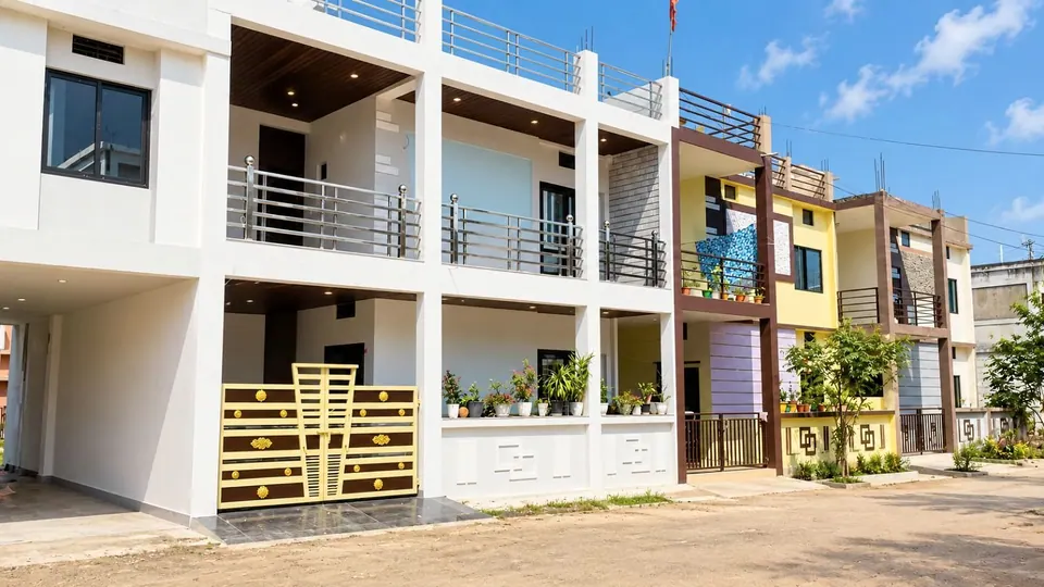 A row of white multi-storey homes with steel balcony railings and a decorative gate in Anuppur