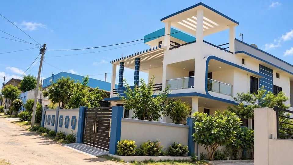 White home with blue trim, a roof pergola and glass balcony behind a compound wall on a lane in Anuppur