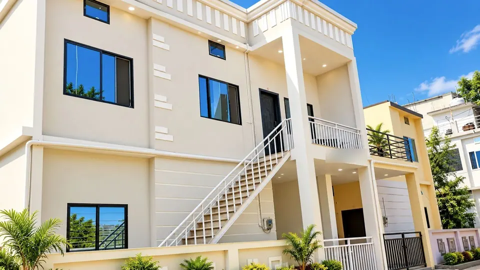 Two-storey cream home with an external staircase and landscaped frontage in Anuppur