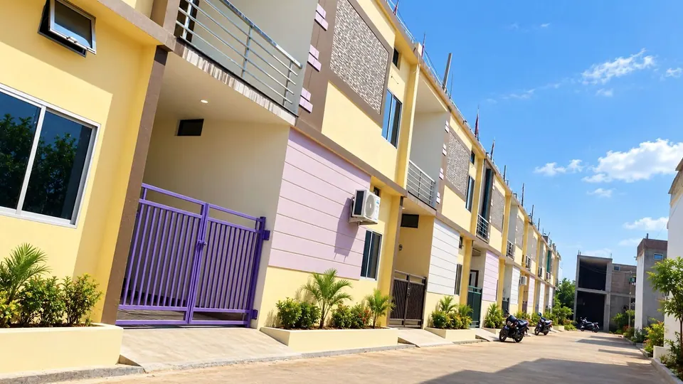 A lane of yellow and pastel two-storey homes with gates and planted frontages in Anuppur