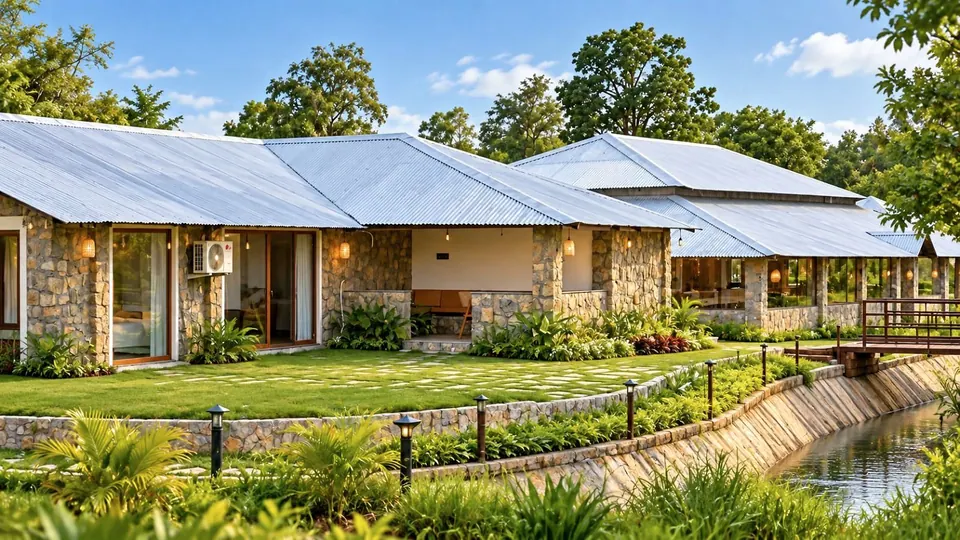 A single-storey cottage with stone walls and a metal roof beside a lawn in Bandhavgarh