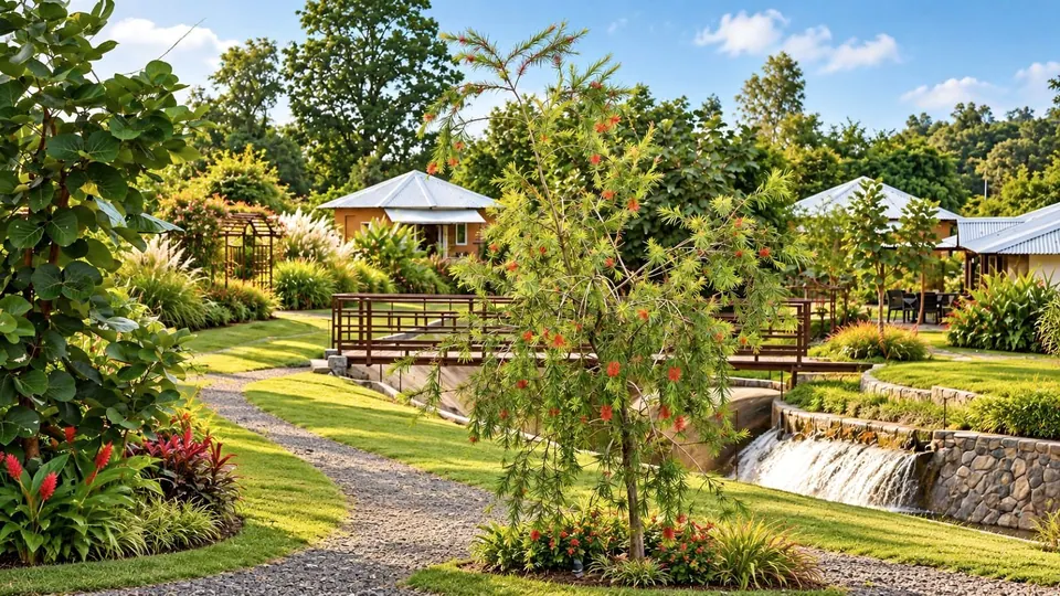 A gravel garden path, a footbridge and a small waterfall over stone steps in Bandhavgarh