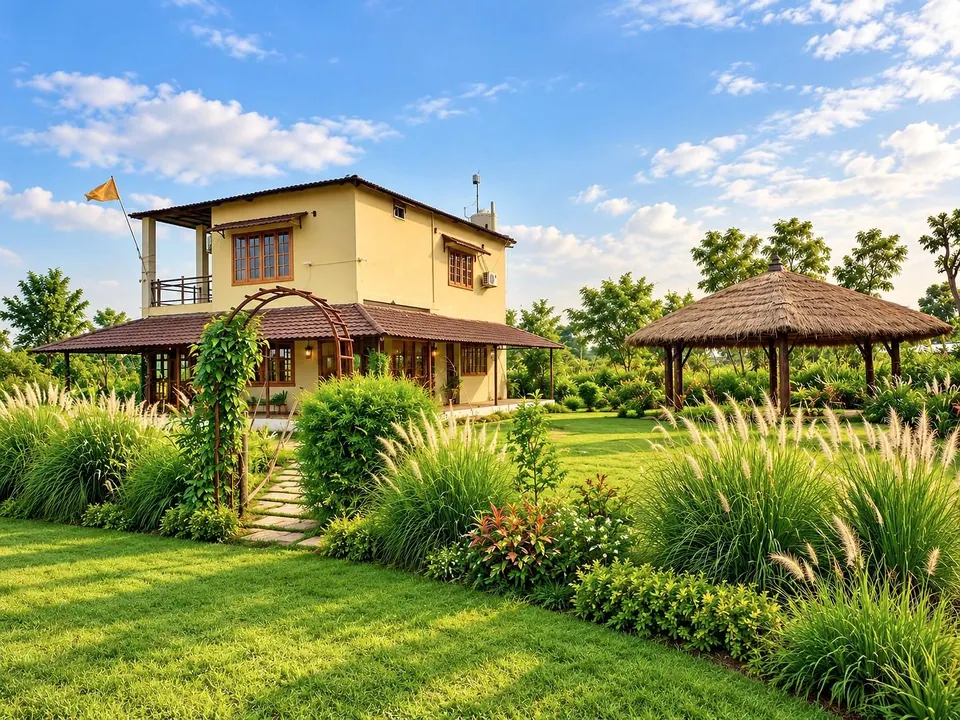A two-level building with a veranda and a thatched shelter on a lawn in Bandhavgarh