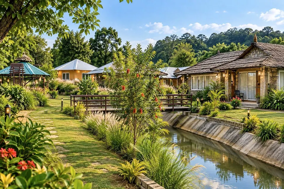 Stone and thatch cottages, a wooden footbridge and a landscaped stone-lined water channel in Bandhavgarh
