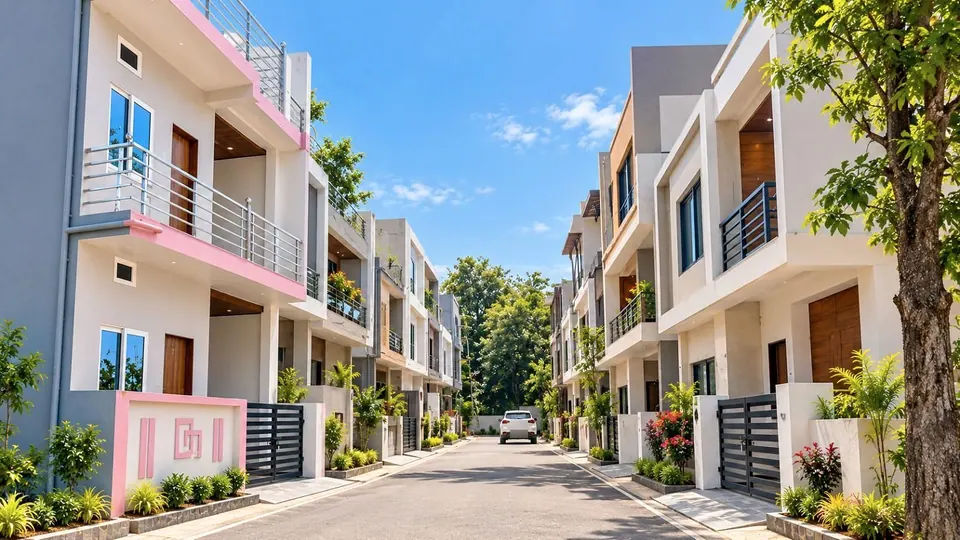 A paved residential street lined with multi-storey homes under a blue sky in Shahdol
