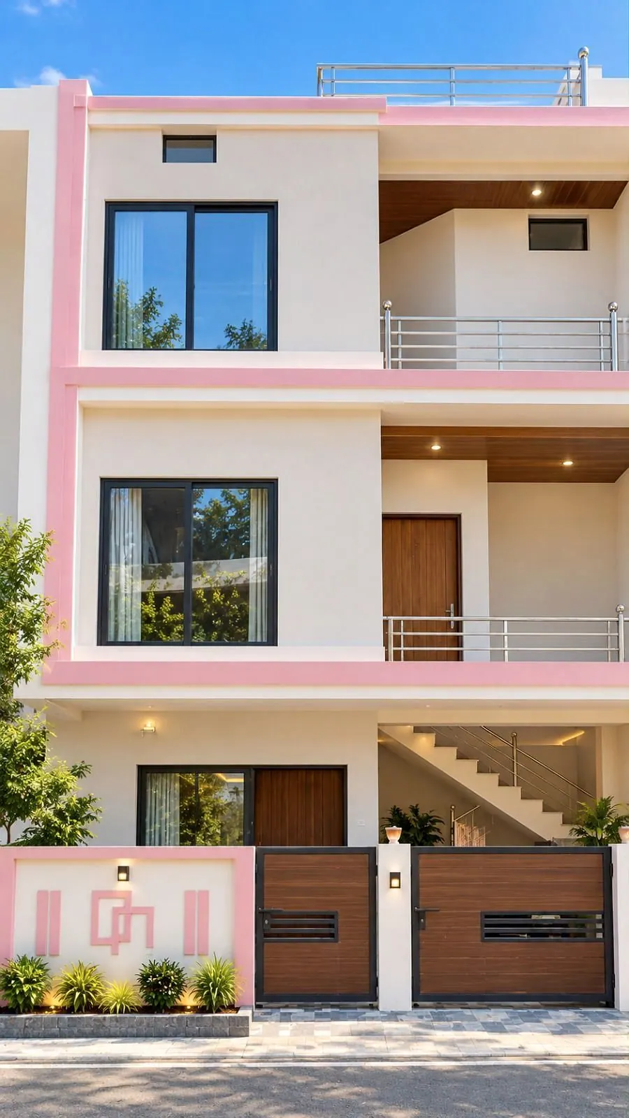 Front view of a three-level home with pink trim, timber gates and a logo wall in Shahdol