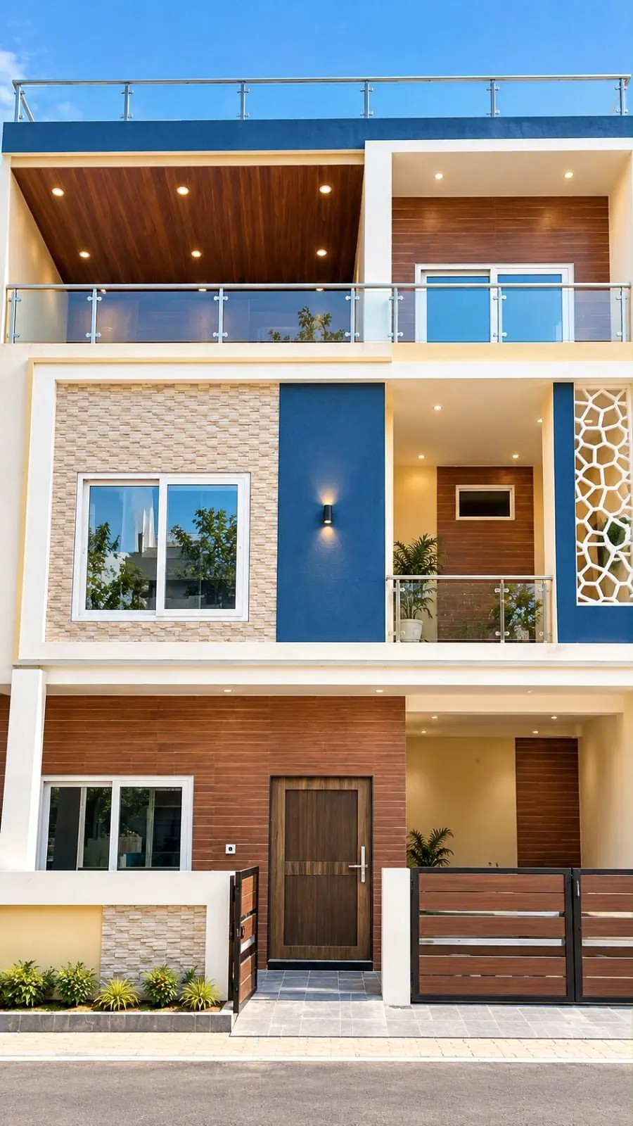 Front view of a home with a glass balcony, timber ceiling and a blue feature panel in Shahdol