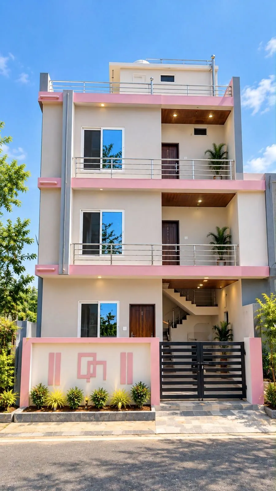 Front view of a tall home with pink bands, balconies and a small garden in Shahdol