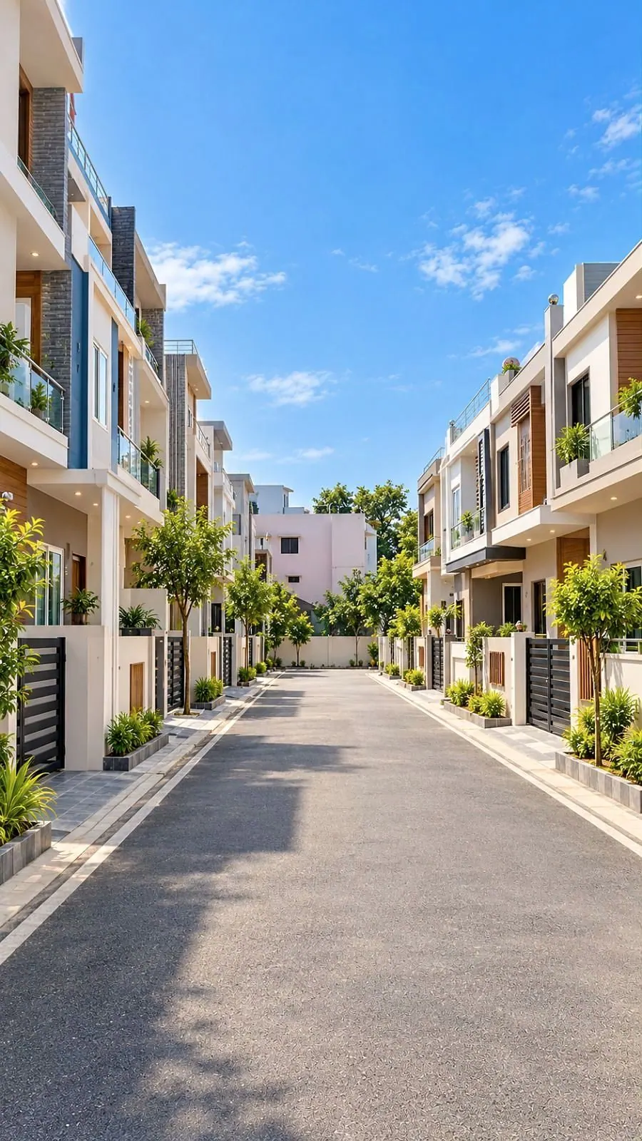 A residential street between two rows of multi-storey homes with trees in Shahdol