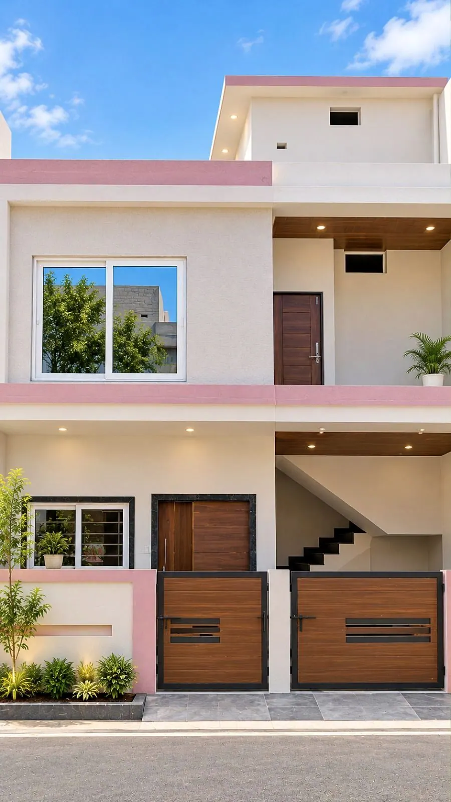 Front view of a two-level cream home with pink trim, timber gates and an open staircase in Shahdol