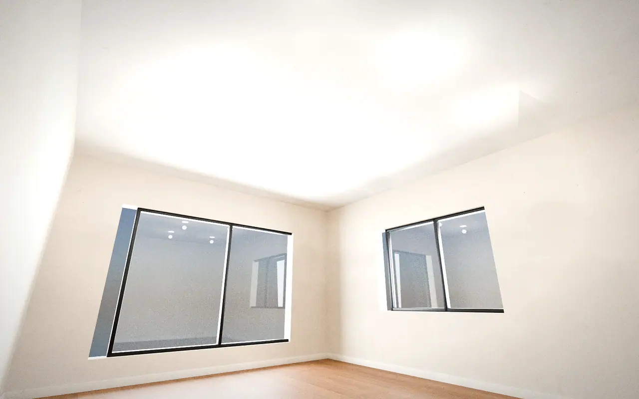 3D render of a flat white ceiling with recessed downlights