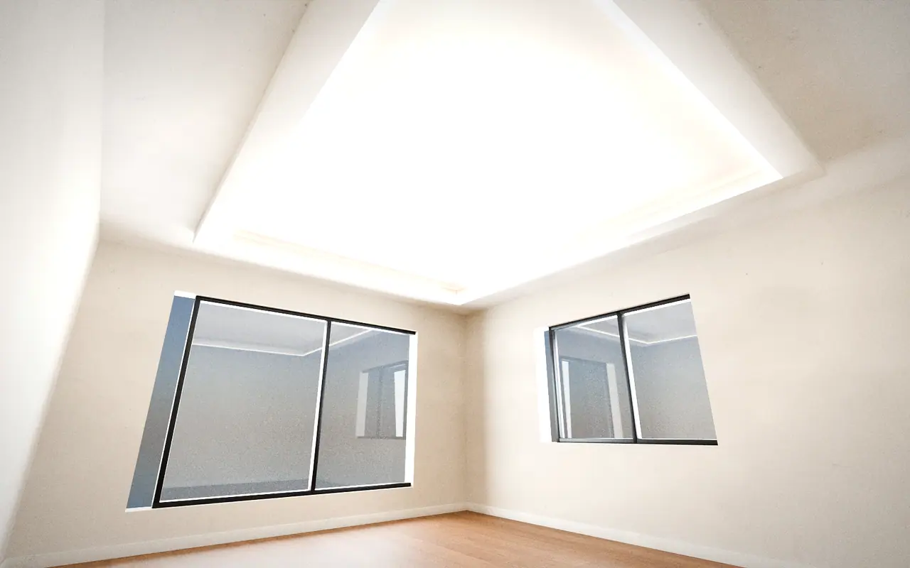 3D render of a tray ceiling with a stepped edge, a lit groove and a pendant light