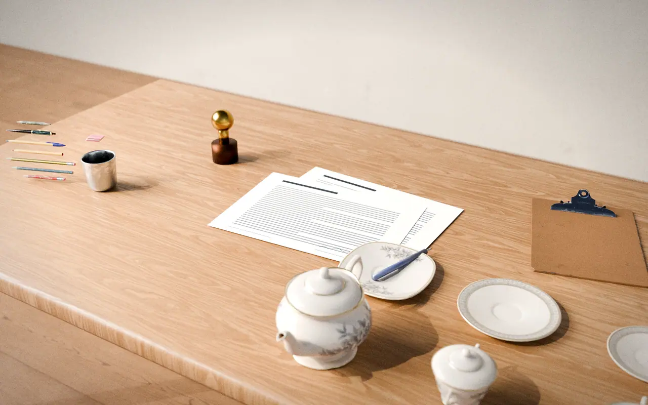 3D render, illustrative: an agreement document with a pen and a seal on a table