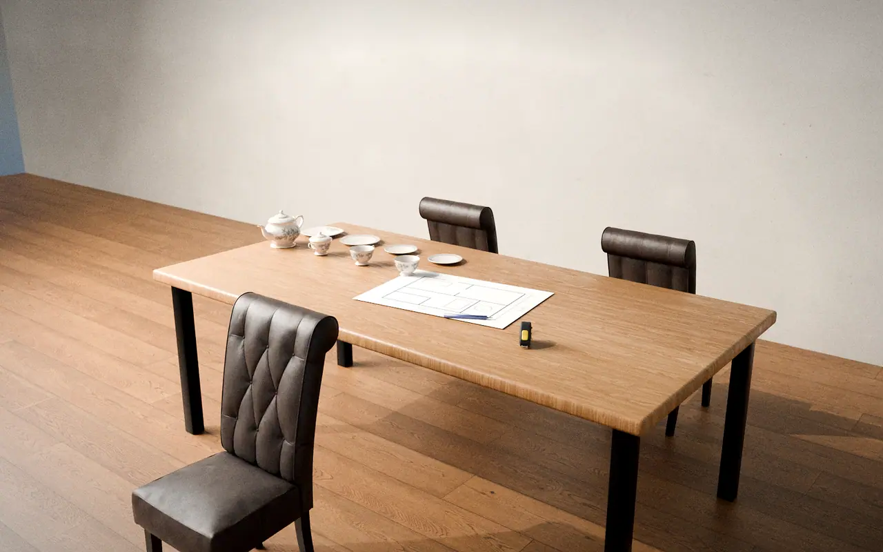 3D render, illustrative: a consultation table with a plot sketch, tea set and chairs