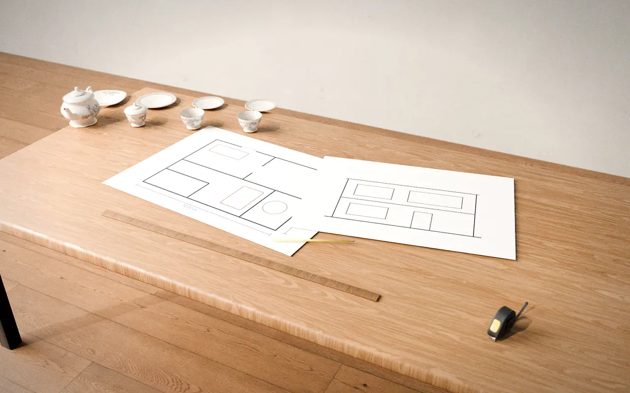 3D render, illustrative: floor plan and elevation drawing sheets with a ruler and pencil