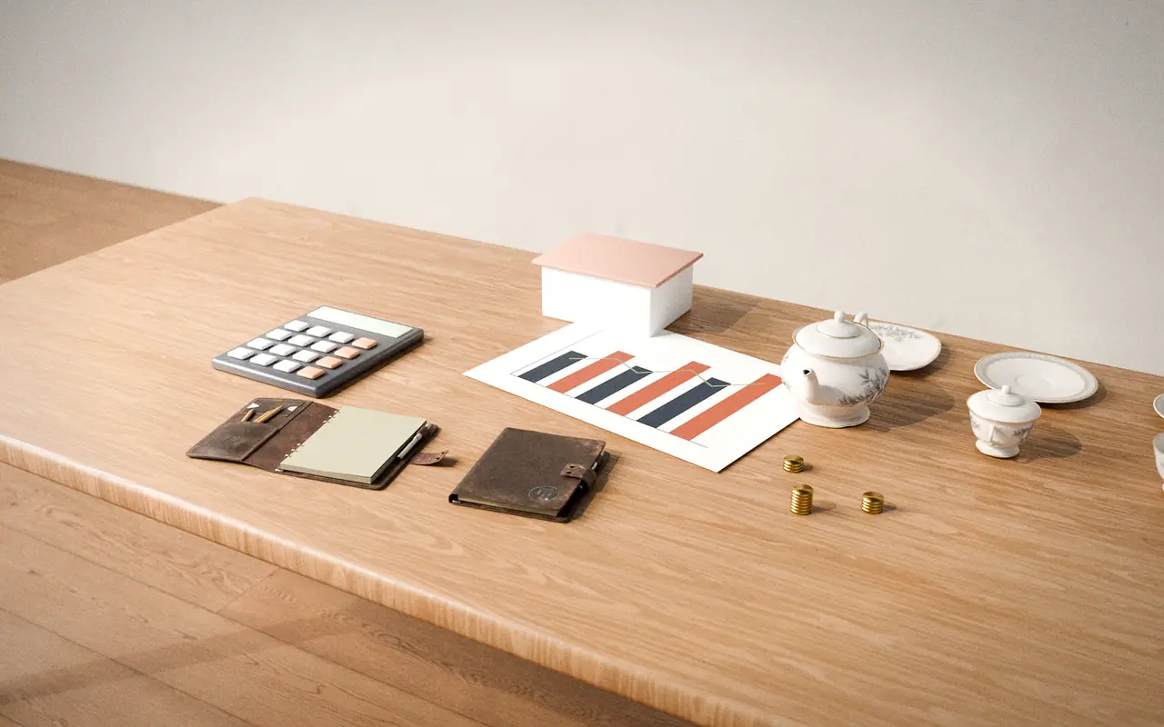 3D render, illustrative: a calculator, a payment chart, coins and a small house model on a table
