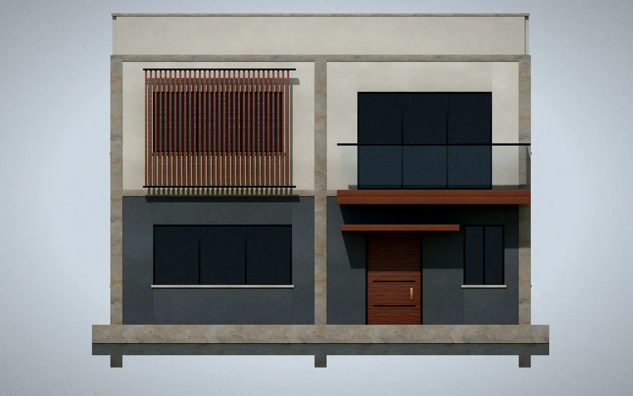 3D render of the front elevation of a two-storey house