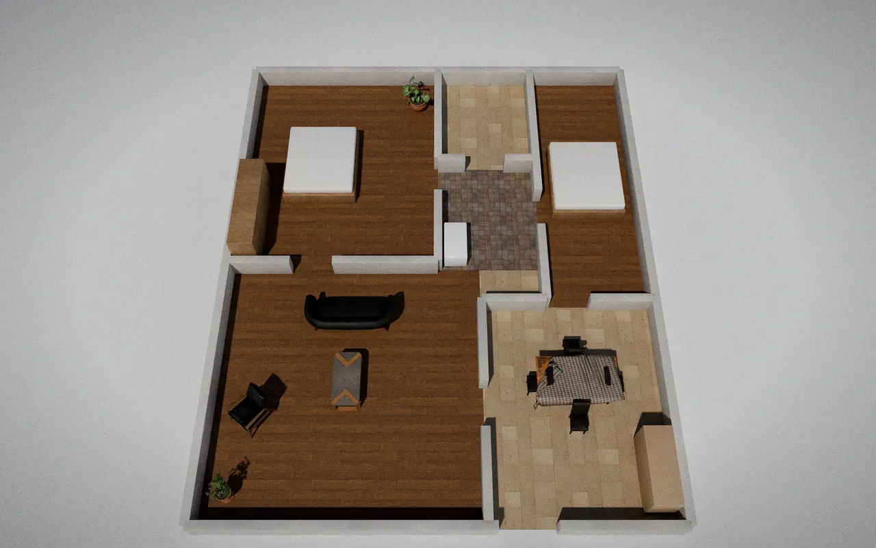 3D render of a furnished floor plan seen from above, rooms without a roof