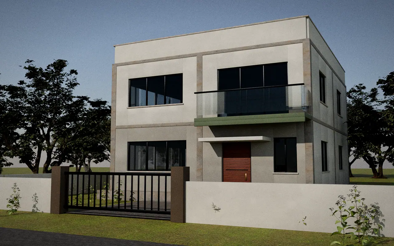 3D render, illustrative: a two-storey house with painted walls, doors and windows fitted and a simple compound wall