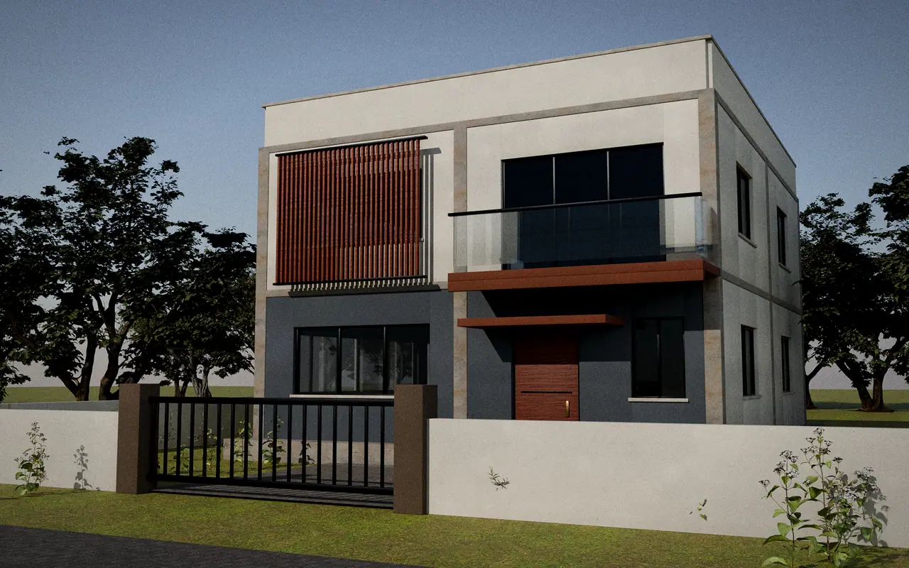3D render, illustrative: a finished two-storey house with timber screen, stone cladding, glass balcony and landscaping