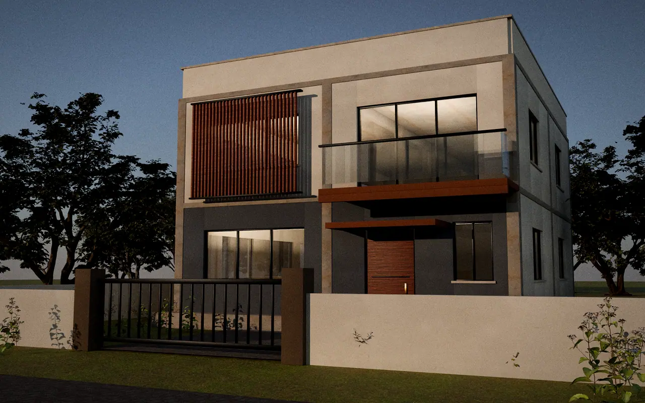 3D render, illustrative: a finished two-storey home at dusk with warm interior lights and landscaping