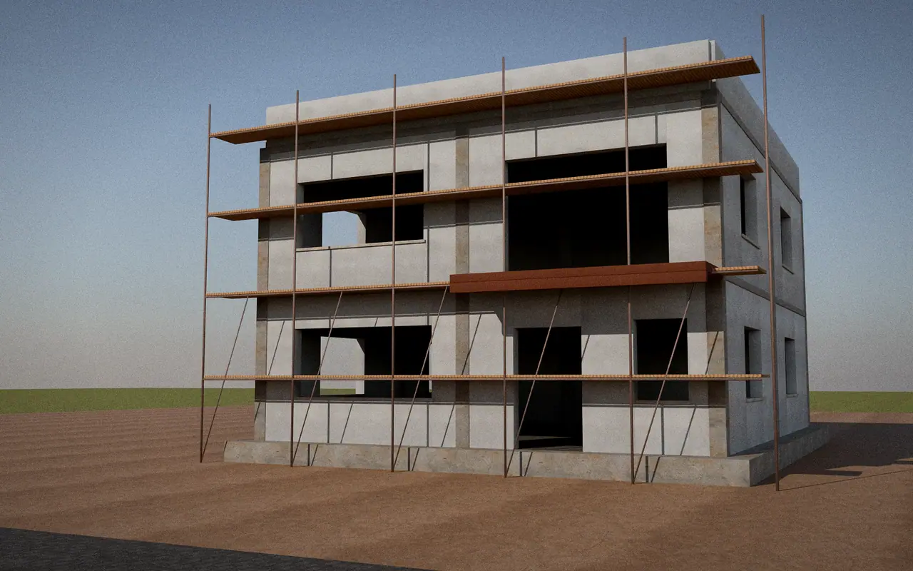 3D render, illustrative: a two-storey house shell with plastered walls, openings still empty and scaffolding on site